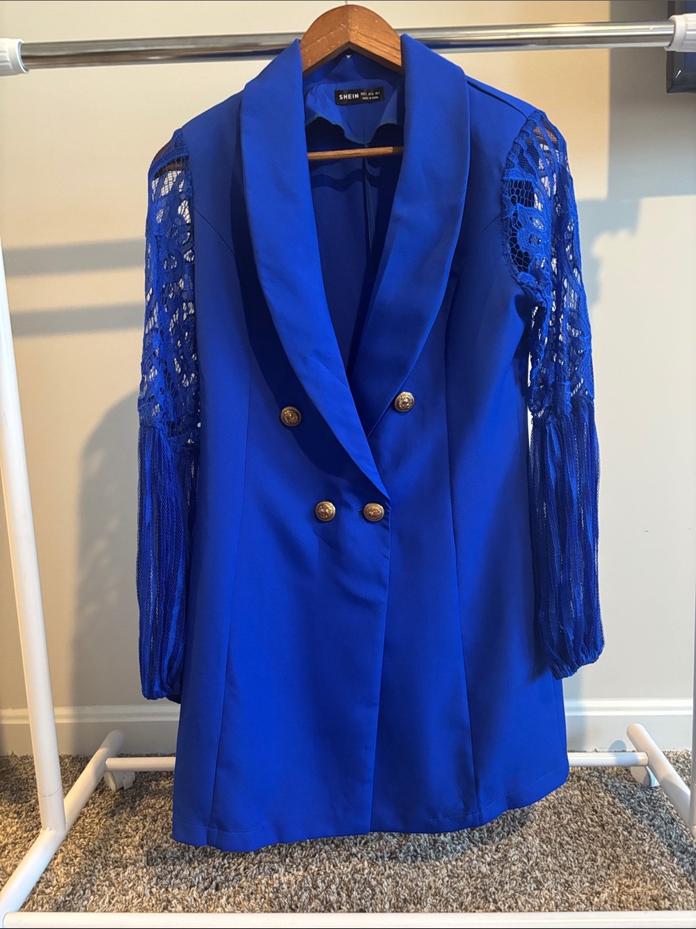 SHEIN Cobalt Blue Double-Breasted Blazer with Lace Fringe Sleeves
